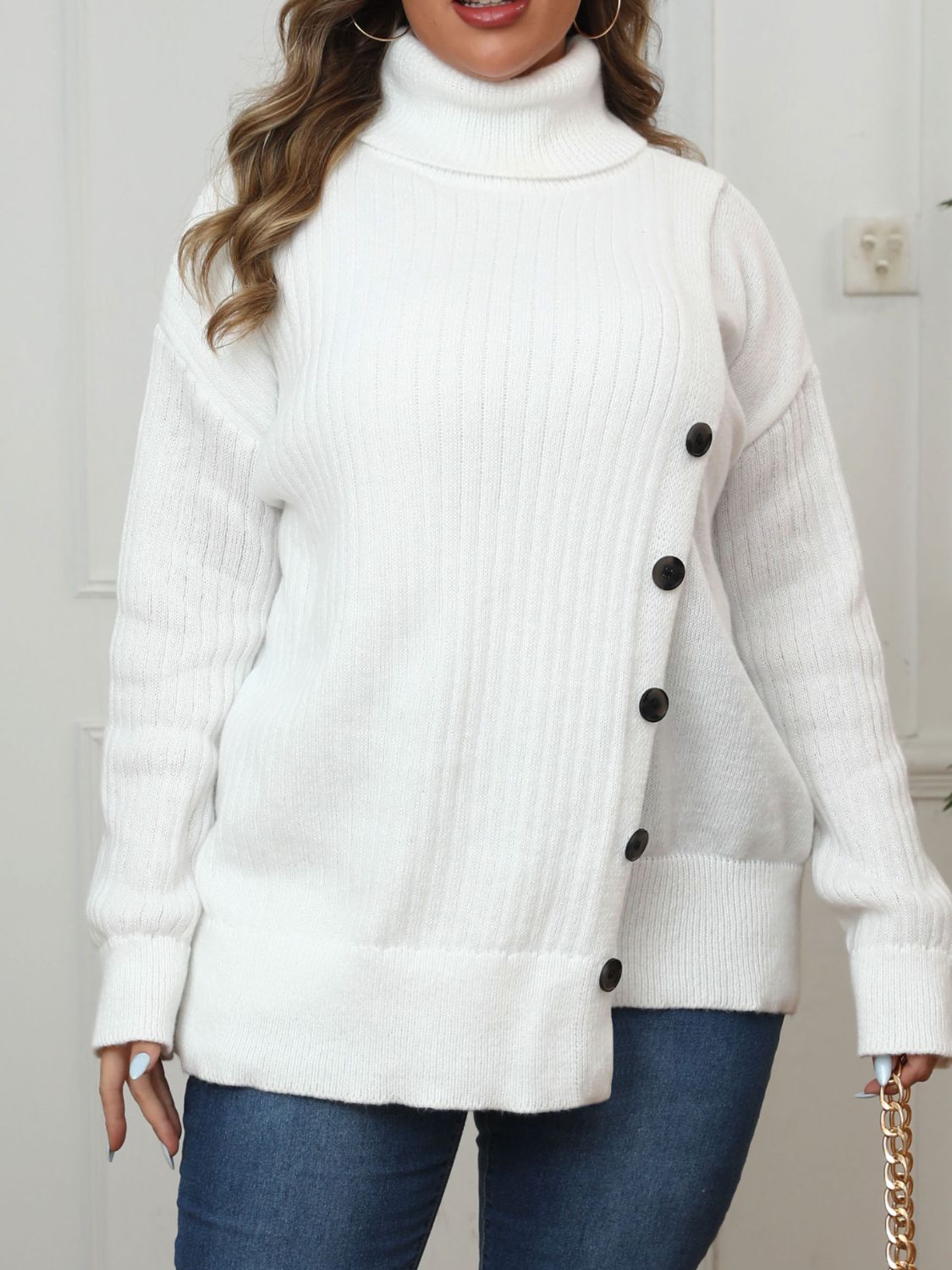 Le Cosy Double Breasted Turtleneck Sweater - Plus Size