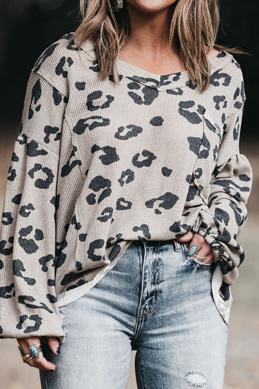 Leopard Print Oversize V-Neck Sweater - Plus Size