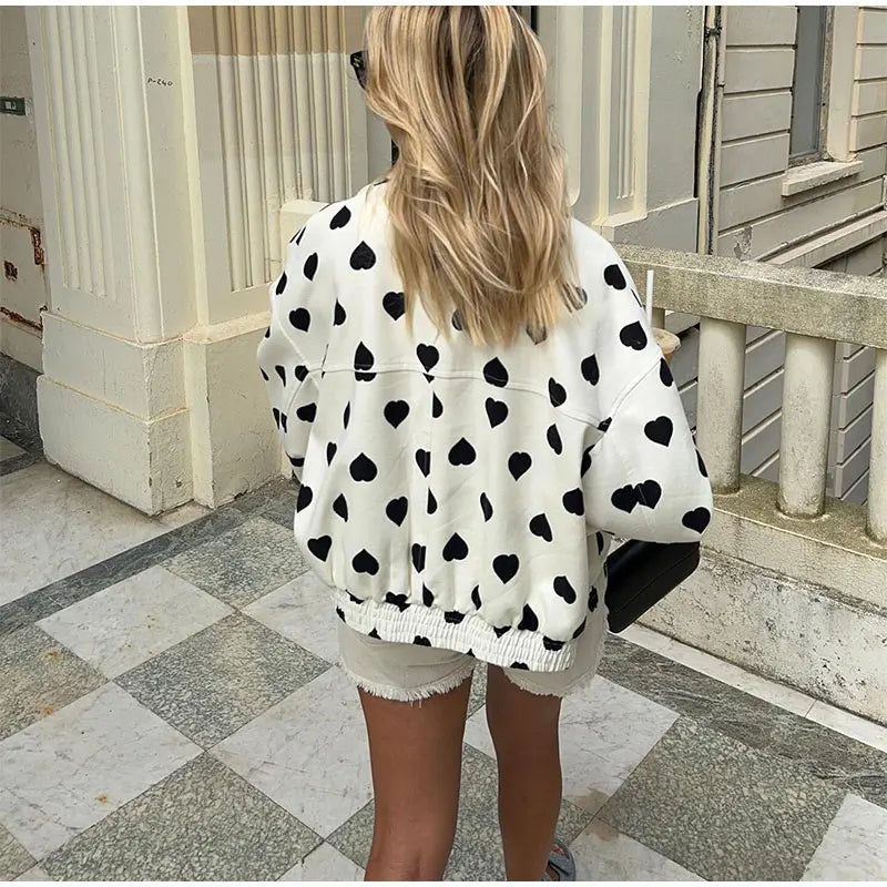 Women Elegant Black Polka Hearts Bomber Jacket Fashion Long Sleeve Flips Pocket Zipper Coat Autumn Female Commuting Streetwear