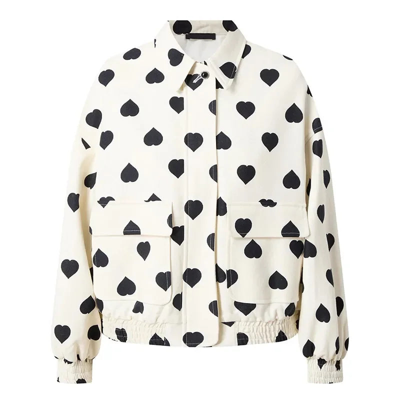 Women Elegant Black Polka Hearts Bomber Jacket Fashion Long Sleeve Flips Pocket Zipper Coat Autumn Female Commuting Streetwear