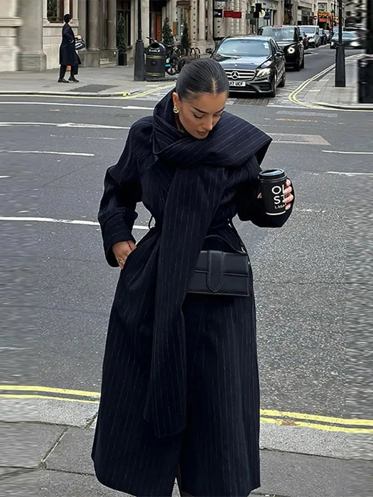 Oversized coat with needle striped scarf