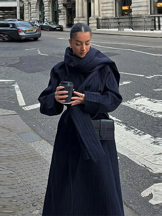 Oversized coat with needle striped scarf