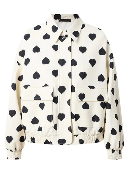 Women Elegant Black Polka Hearts Bomber Jacket Fashion Long Sleeve Flips Pocket Zipper Coat Autumn Female Commuting Streetwear