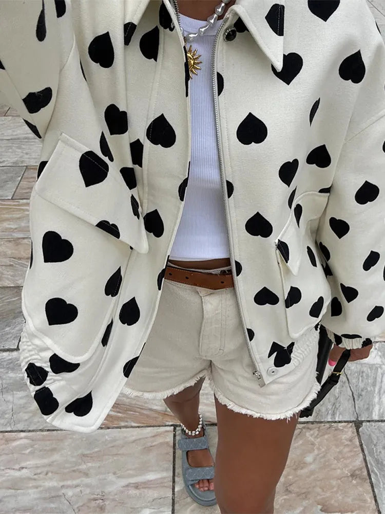 Women Elegant Black Polka Hearts Bomber Jacket Fashion Long Sleeve Flips Pocket Zipper Coat Autumn Female Commuting Streetwear