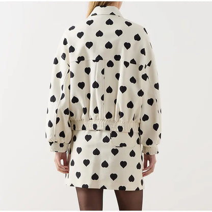 Women Elegant Black Polka Hearts Bomber Jacket Fashion Long Sleeve Flips Pocket Zipper Coat Autumn Female Commuting Streetwear