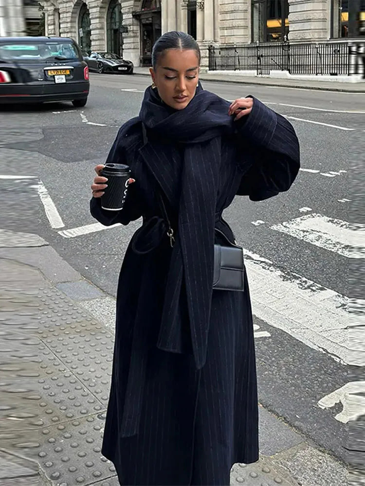 Oversized coat with needle striped scarf