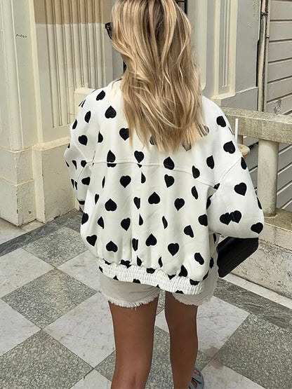 Women Elegant Black Polka Hearts Bomber Jacket Fashion Long Sleeve Flips Pocket Zipper Coat Autumn Female Commuting Streetwear