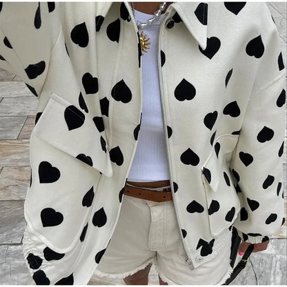 Women Elegant Black Polka Hearts Bomber Jacket Fashion Long Sleeve Flips Pocket Zipper Coat Autumn Female Commuting Streetwear