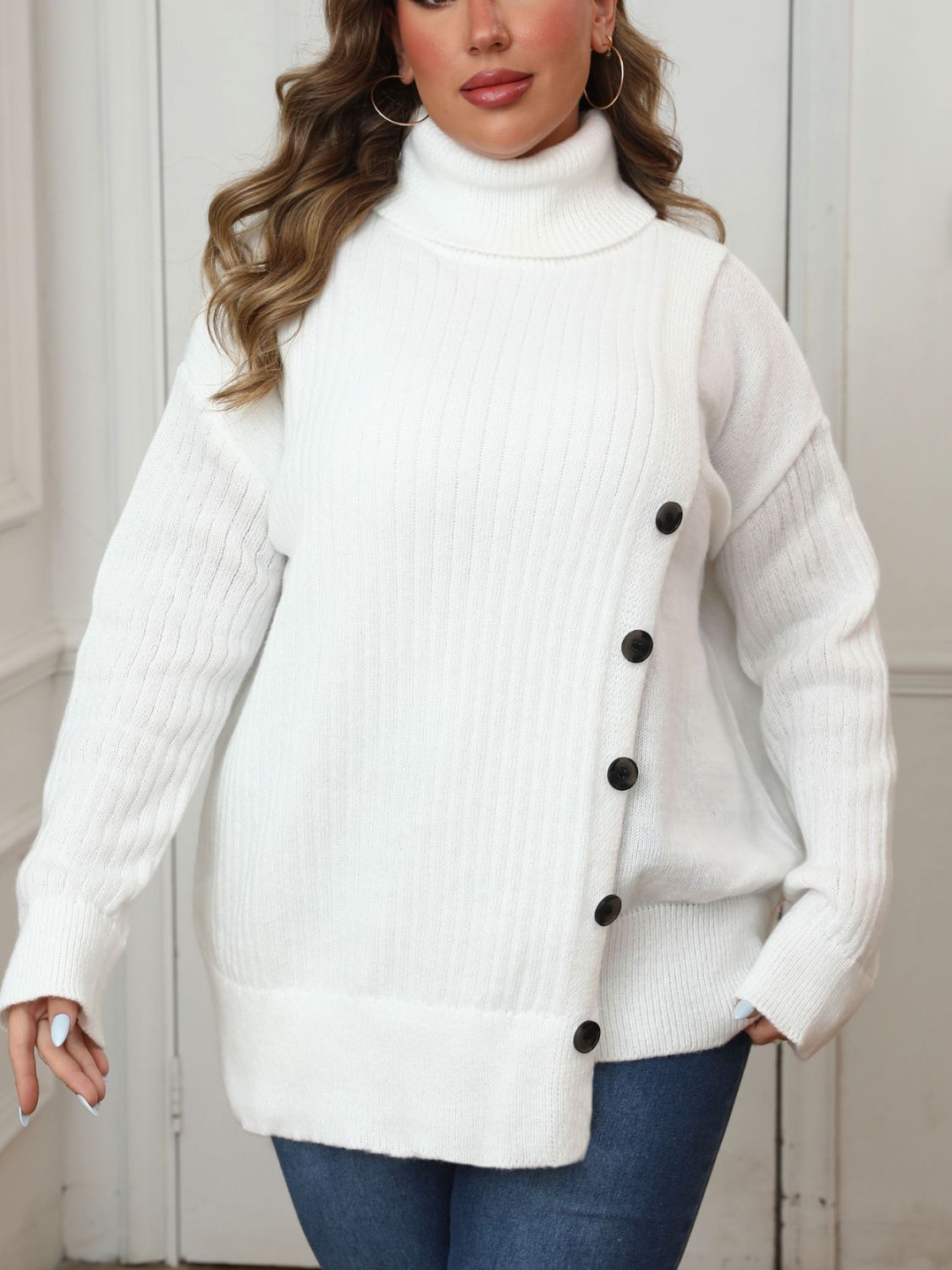 Le Cosy Double Breasted Turtleneck Sweater - Plus Size